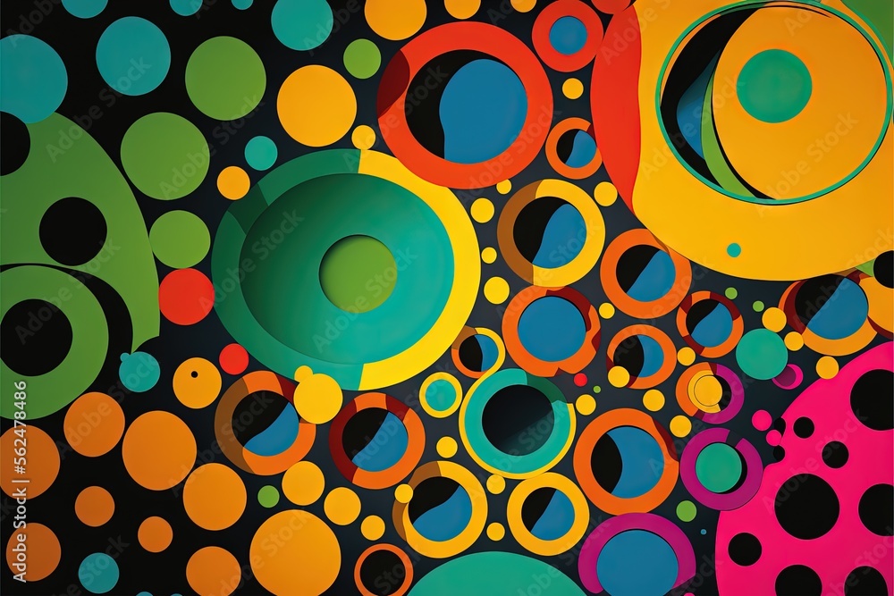 Poster a colorful abstract painting with circles and dots on a black background with a white circle in the 