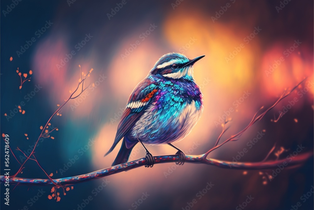 Poster a colorful bird sitting on a branch with a blurry background behind it and a blurry background behin
