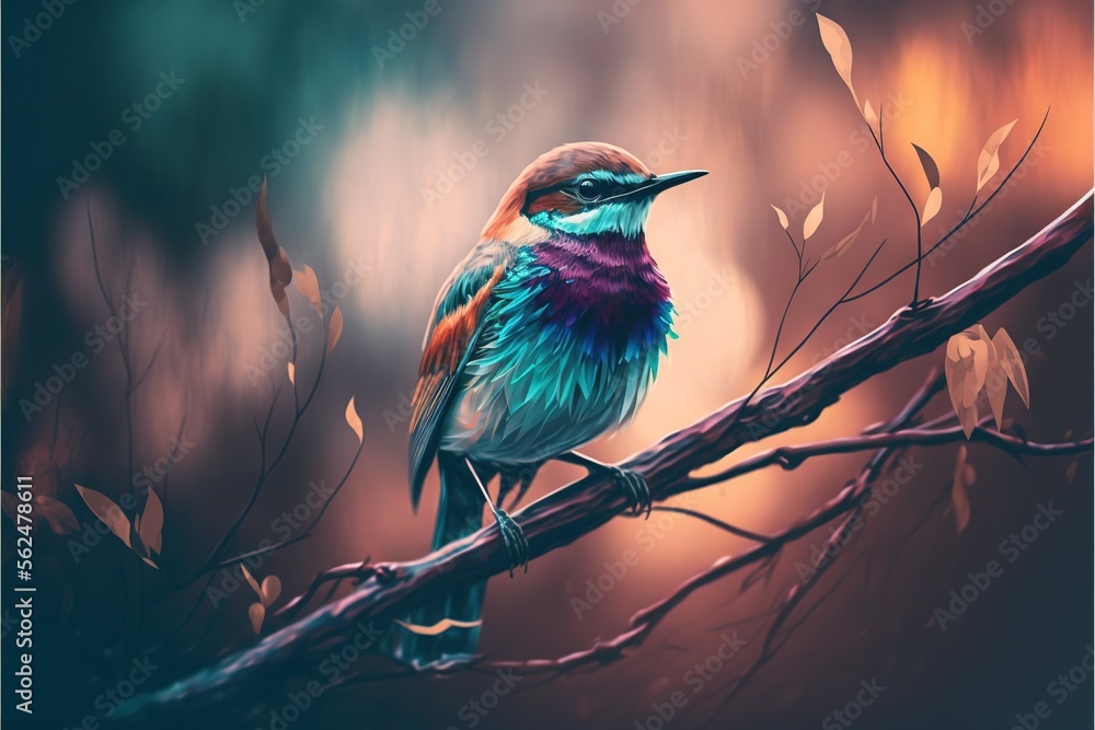 Poster a colorful bird perched on a branch in a tree with leaves on it's branches and a sky background with
