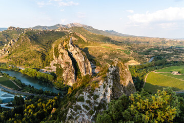 Fototapeta na wymiar Gorge of Conchas de Haro in La Rioja, Spain. Mountain formations and the Ebro river seen from the San Felices Hermitage