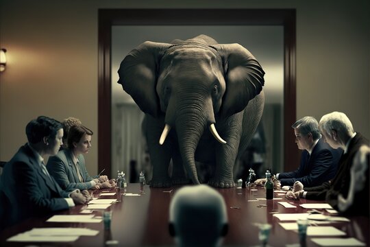 Elephant sitting in a table on executive meeting, concept of Elephant in the room, created with Generative AI technology