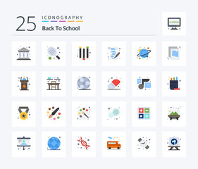 Back To School 25 Flat Color icon pack including doc. space. school. science. physics