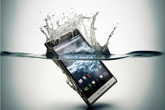 Smartphone falling through water, concept of damaging smartphone, created with Generative AI technology