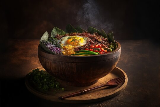  A Wooden Bowl Filled With Lots Of Food On Top Of A Wooden Plate Next To A Fork And A Spoon On A Wooden Plate With A Wooden Spoon On It And A Dark Background With Smoke. Generative Ai