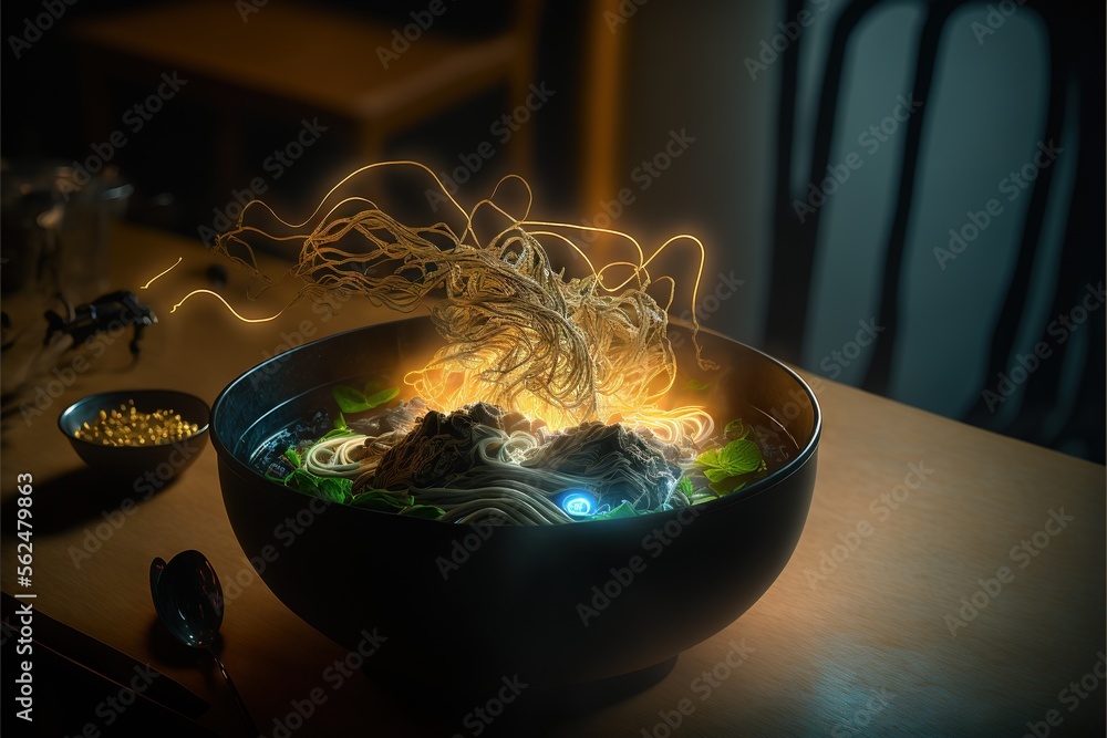 Poster a bowl of noodles with a fire in it on a table with a spoon and a fork in it and a bowl of rice in t