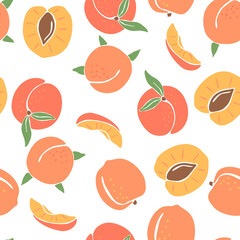 Seamless pattern with colored peaches. Decorative fruits and leaves.