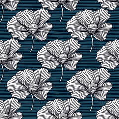 Flower buds seamless pattern ornament. Line style. Floral vintage outline endless background.