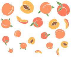 Background with colored peaches. Decorative fruits and leaves.