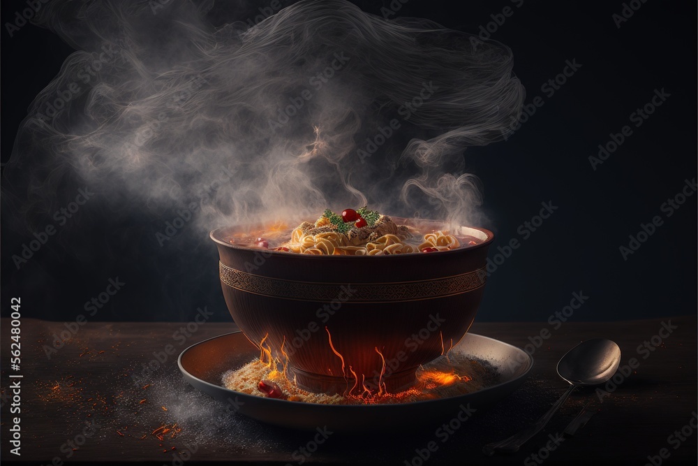 Poster a bowl of food with steam rising from it on a plate with a spoon and spoon rest on the plate on the 