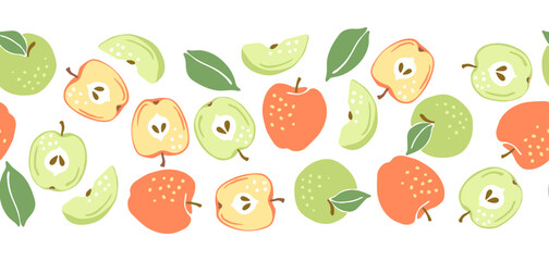 Seamless pattern with ripe apples. Decorative fruits and leaves.