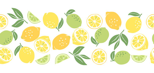Seamless pattern with ripe lemons and limes. Decorative fruits and leaves.