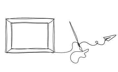 Abstract  tassel and picture with paper plane as line drawing on white background. Vector