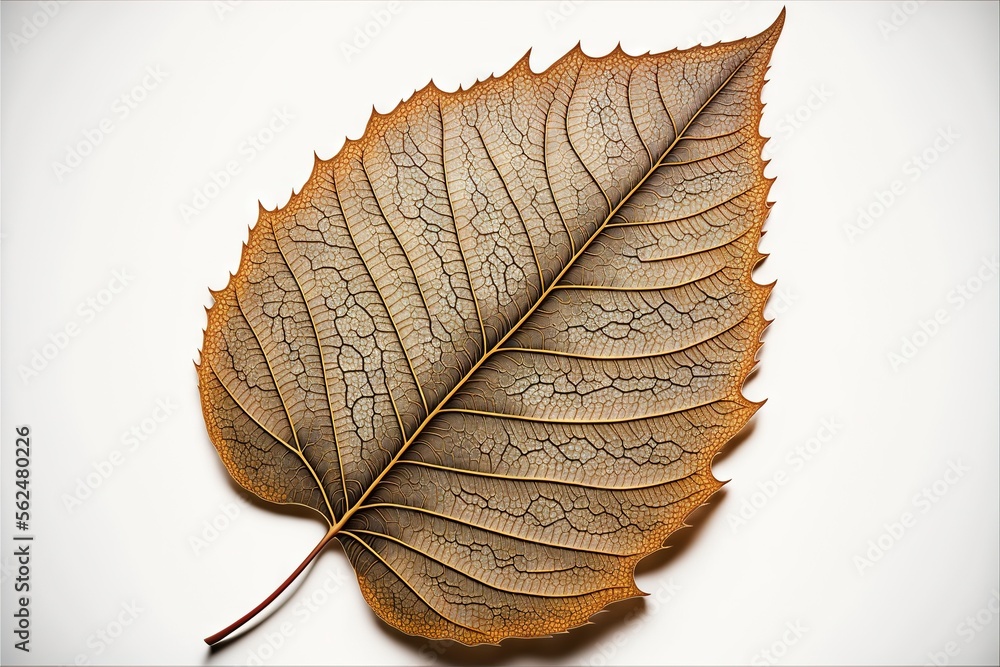 Poster a leaf with a thin stem on a white background with a shadow of the leaf on the ground below it, with