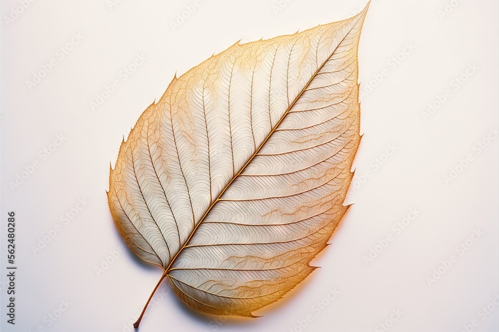 Poster a single leaf is laying on a white surface with a light reflection on it's surface, and the leaf is 