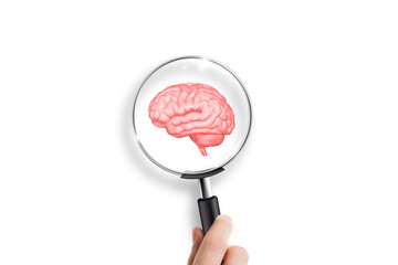 Mental health and problems with memory. Hand holding magnifying glass and brain.