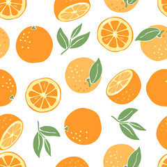 Seamless pattern with ripe oranges. Decorative fruits and leaves.