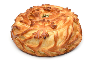 Hearty kurnik pie with chicken, potatoes and rice