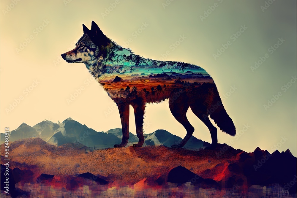 Aufkleber a wolf standing on top of a mountain with a sky background and mountains in the background with a sk