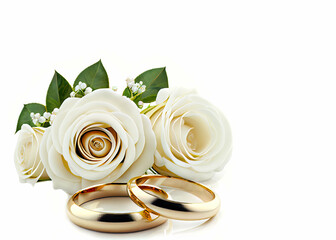 White roses and two gold wedding rings - 562480843
