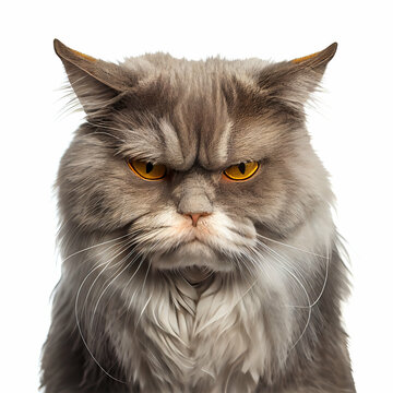 Headshot of grey cat frowning