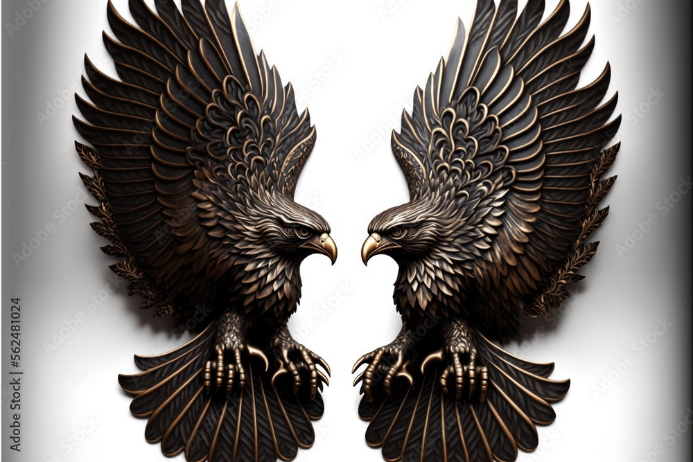 Poster  two metal eagle sculptures on a white background with a black border around them and a white background behind them with a black border around them and a white border with Generative AI
