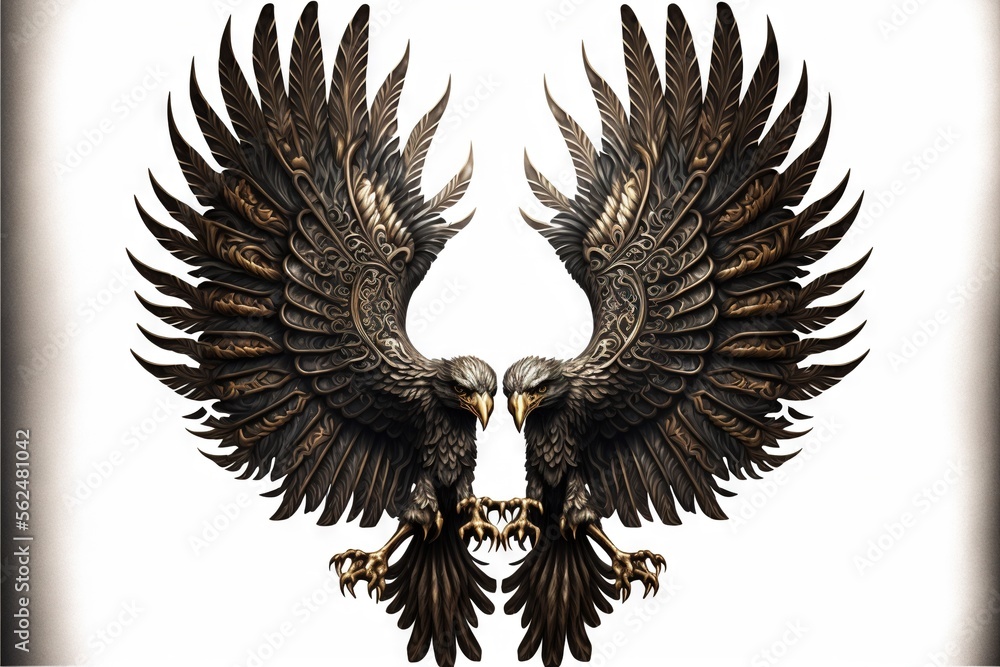 Poster a pair of large black birds with wings spread out and talons extended out, with a white background b