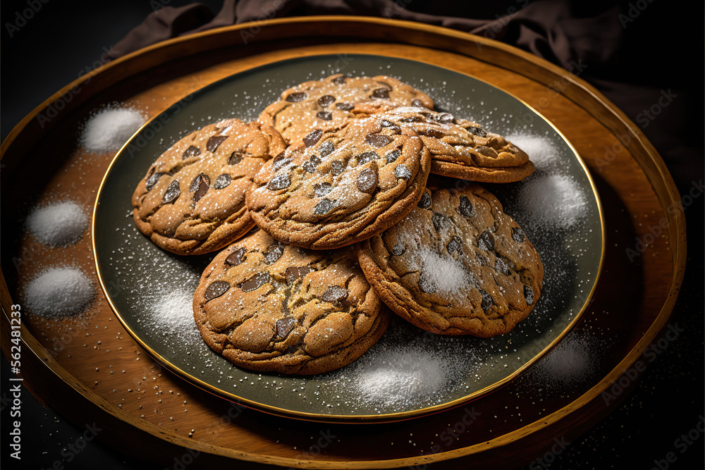 Poster a plate of cookies on a table with a cloth on it and a cloth on the table behind it and a wooden tra