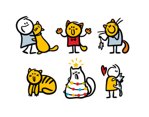 Cute vector set of funny cats and kittens with their masters.