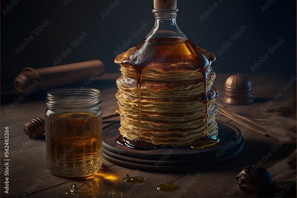 Poster  a stack of pancakes with syrup on a plate next to a glass of honey and a bottle of honey syrup on a table with a rolling pinwheel and a rolling pin on it,. generative ai