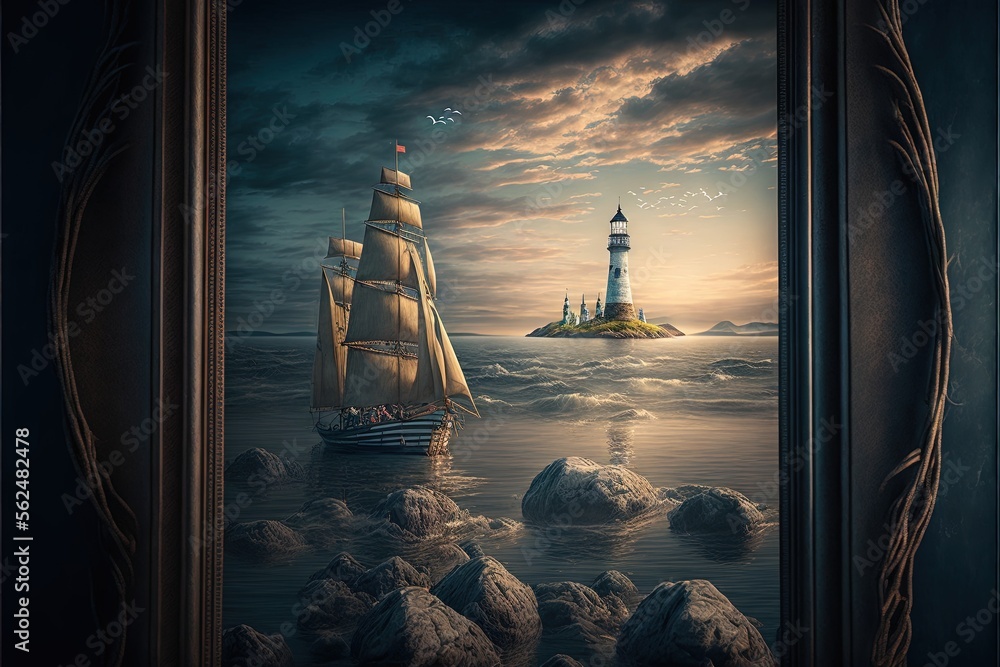 Poster a painting of a sailboat in the ocean with a lighthouse in the background and a framed picture of th