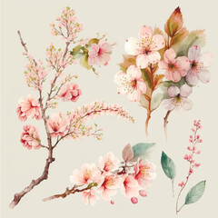 Obraz na płótnie Canvas Collection of сherry blossom flowers and branches in vector watercolor style. Image created neural networks.
