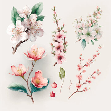 Collection of сherry blossom flowers and branches in vector watercolor style. Image created neural networks.