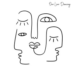 One line drawing people faces. Linear abstract couple