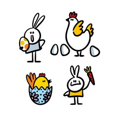 Set of cute Easter characters as hen, egs, rabbit and chicken hand drawn in doodle cartoon style.