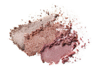 Crushed eye shadows on white background, top view. Professional makeup product