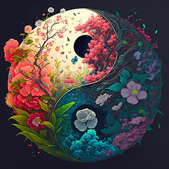 Yin yang design with beautiful flowers. Perfect harmony. Ai llustration, fantasy digital painting , artificial intelligence artwork 