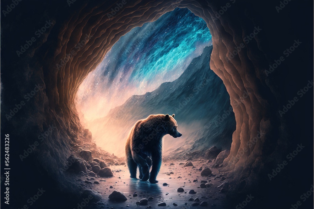 Aufkleber a bear standing in a cave with a sky background and a blue swirl in the background that is a mountai