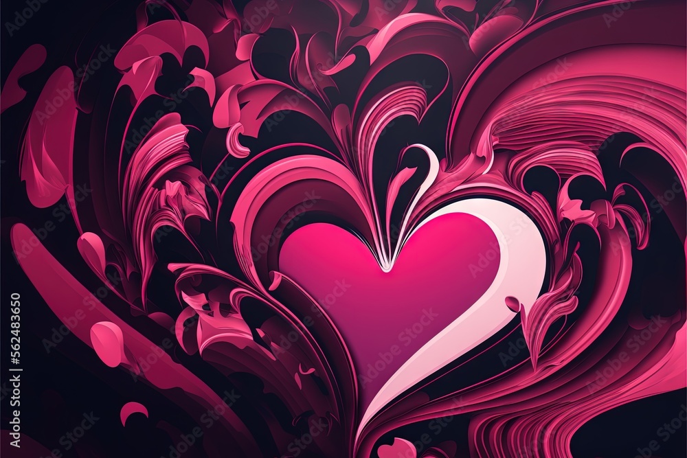 Poster a heart shaped object with a swirly background and a black background with pink swirls and a white h