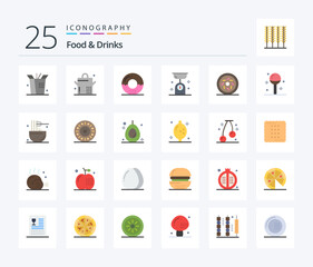 Food & Drinks 25 Flat Color icon pack including cooking. food. meal. donut. kitchen
