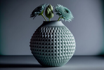  a white vase with a flower in it on a table top with a gray background and a blue background behind it, with a single flower in the center of the vase, and a.  Generative AI