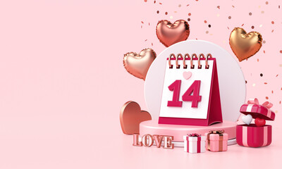 Valentines Day banner background template with 14 february calendar, heart balloons, gifts, festive stuff and copy space in 3D illustration