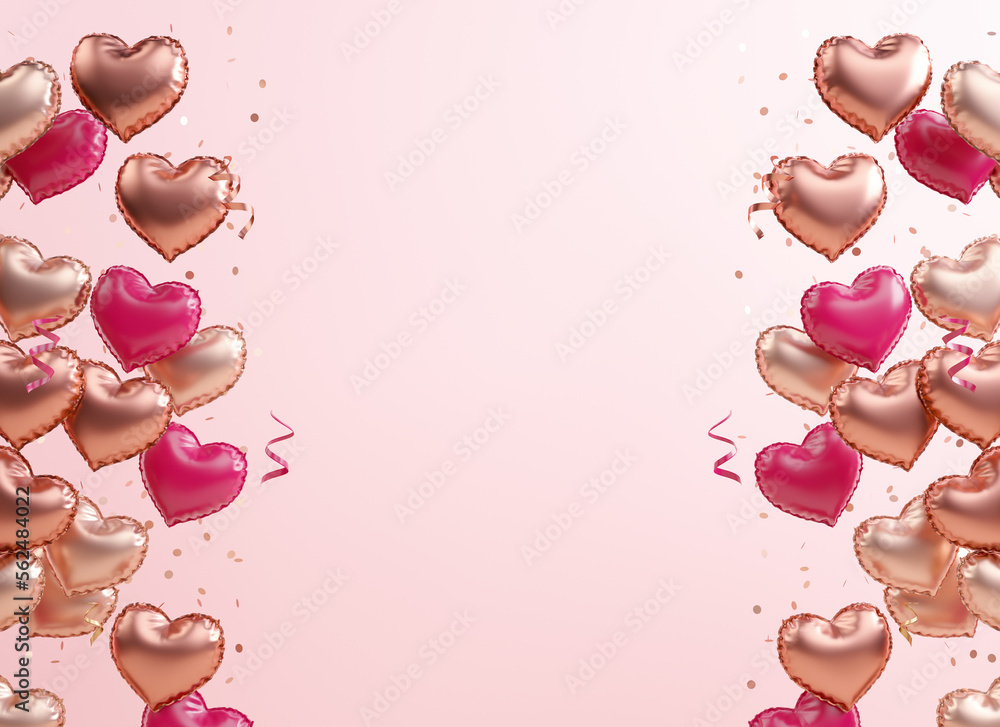 Poster valentines day festive banner template with red and gold heart balloons and text space on a pink bac