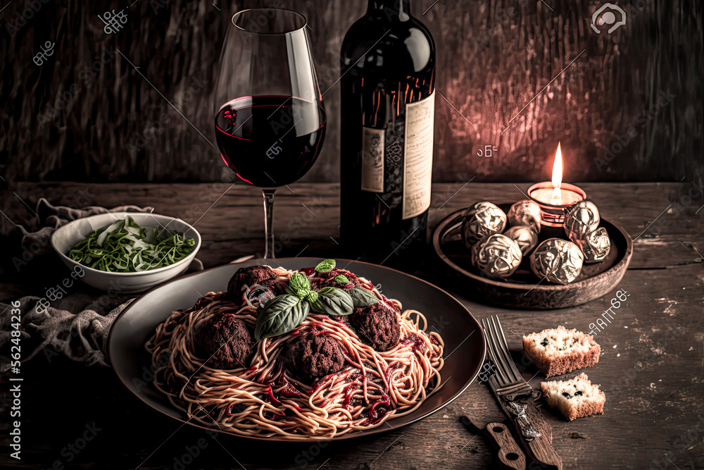 Poster a table with food and wine - generative ai
