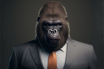 Isolated portrait of a gorilla in a man's body wearing a suit and tie - Generated by Generative AI