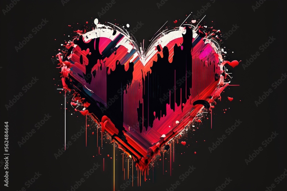 Poster a heart shaped object with paint splatters on it's sides and a black background with a red and white