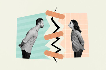 Creative photo 3d collage artwork poster postcard of two young people put up kiss isolated on...