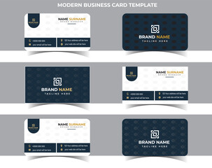 Modern Business Card Design With Double-Sides Presentation In Dark Blue And White Color Unique template.