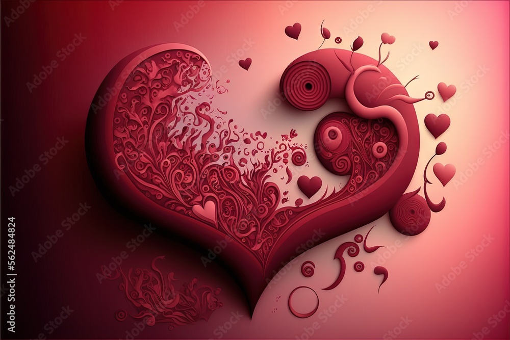 Poster a heart shaped paper cutout with hearts and swirls on it, with a pink background and a red backgroun