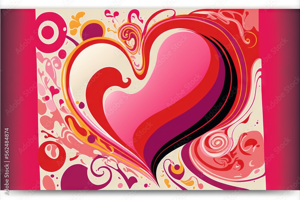 Poster a heart shaped painting with swirls and bubbles on a pink background with a red border and a white b