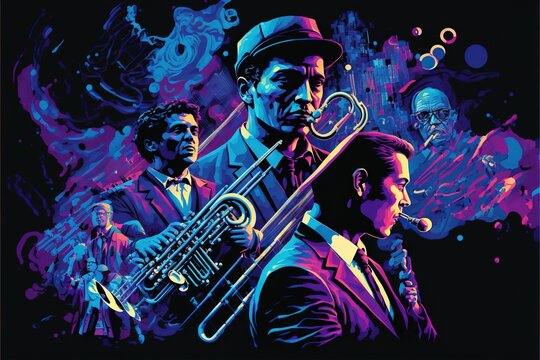  a poster of a band with a trumpet in front of them and a man in a suit and tie with a hat on his head and a trumpet in his hand, with a background of. Generative AI